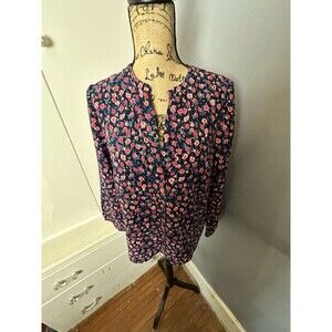J. Crew Womens Open V-Neck Top Size Medium Dotted Floral Blue Pink Crepe
